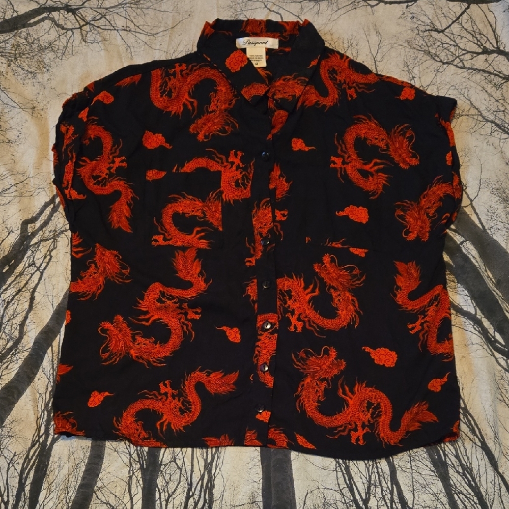 Women's Black and Red Dragon Print Shirt